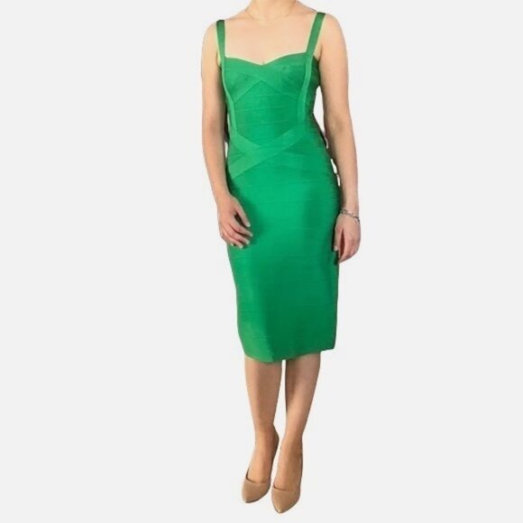 TOXIC ENVY BOUTIQUE-- WOMENS GREEN THICK STRETCHY MIDI BANDAGE DRESS SIZE LARGE - Picture 2 of 9